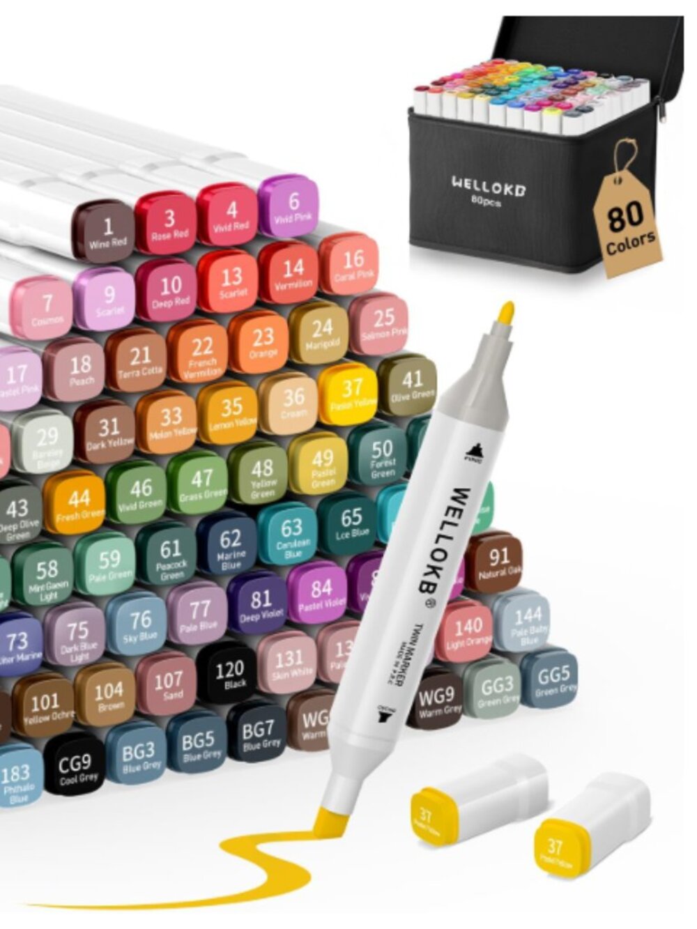 WELLOKB Alcohol Markers Set, 80 colors Alcohol Based Dual Tip, Brush and Fine